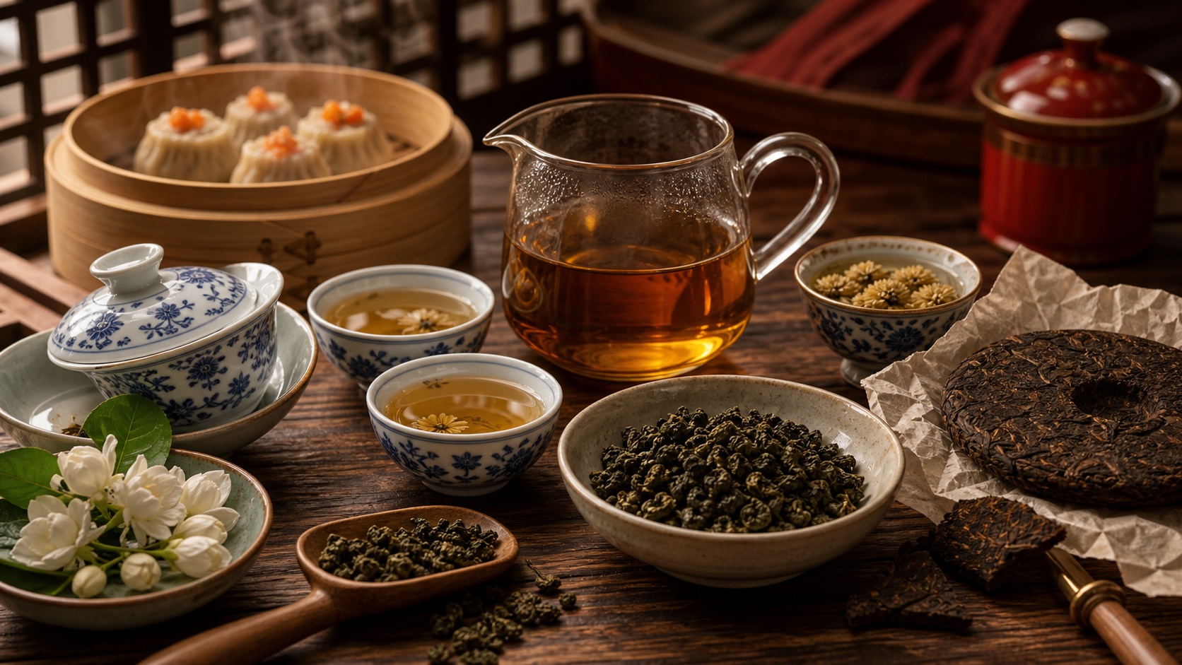 Chinese restaurant tea table with porcelain cups, jasmine tea, oolong leaves, and dim sum steam