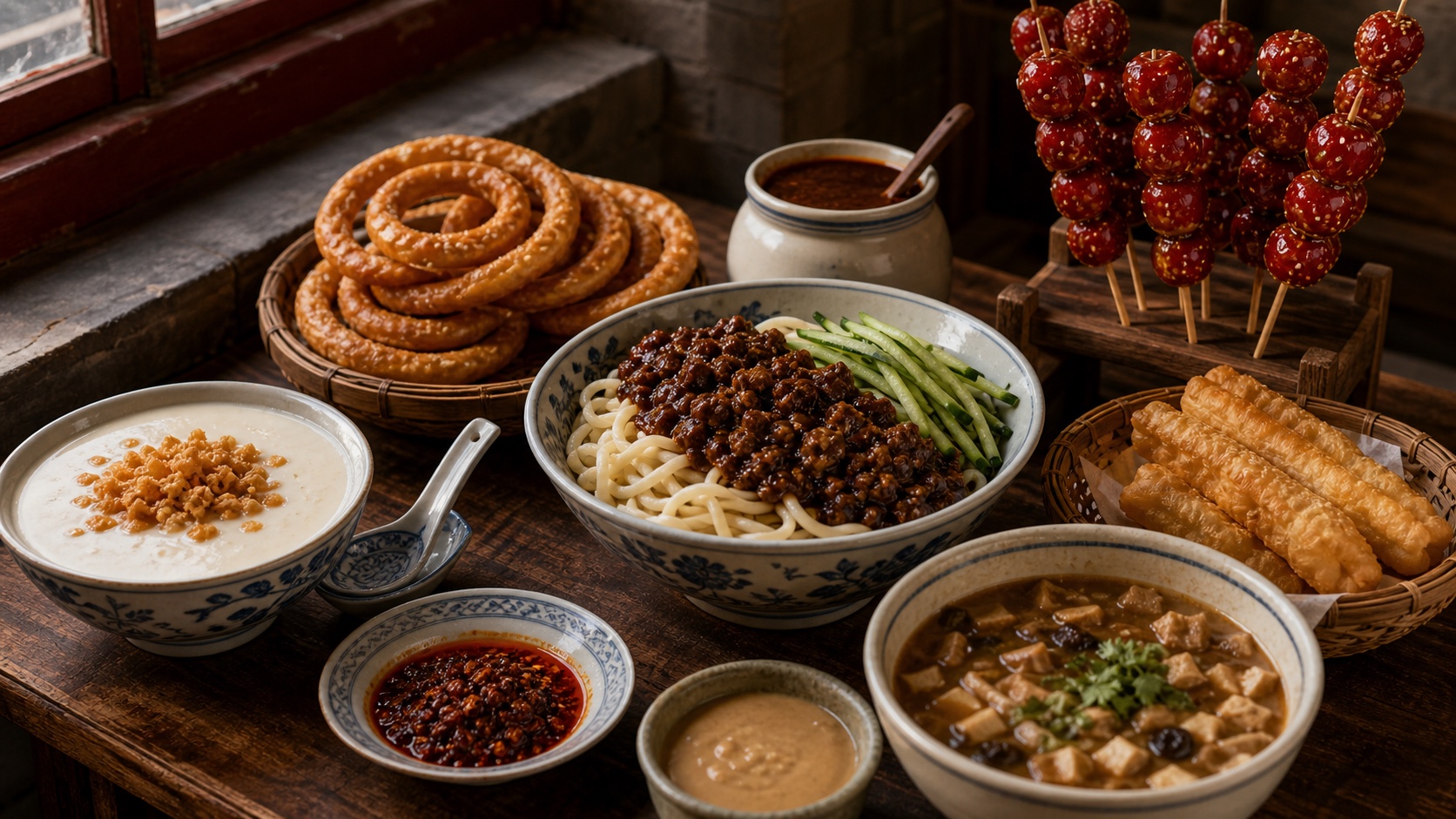 Old Beijing snack table with noodles, fried rings, fermented bean drink, and candied hawthorn