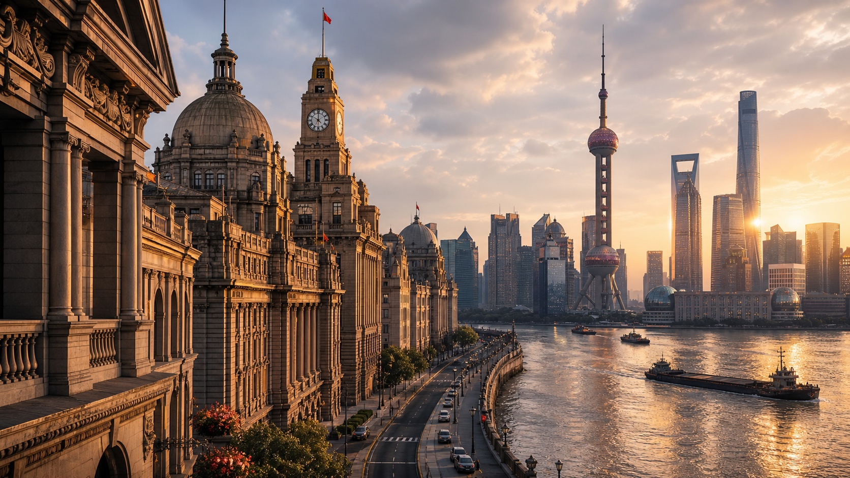 Shanghai Bund historic buildings facing the Huangpu River and Pudong skyline