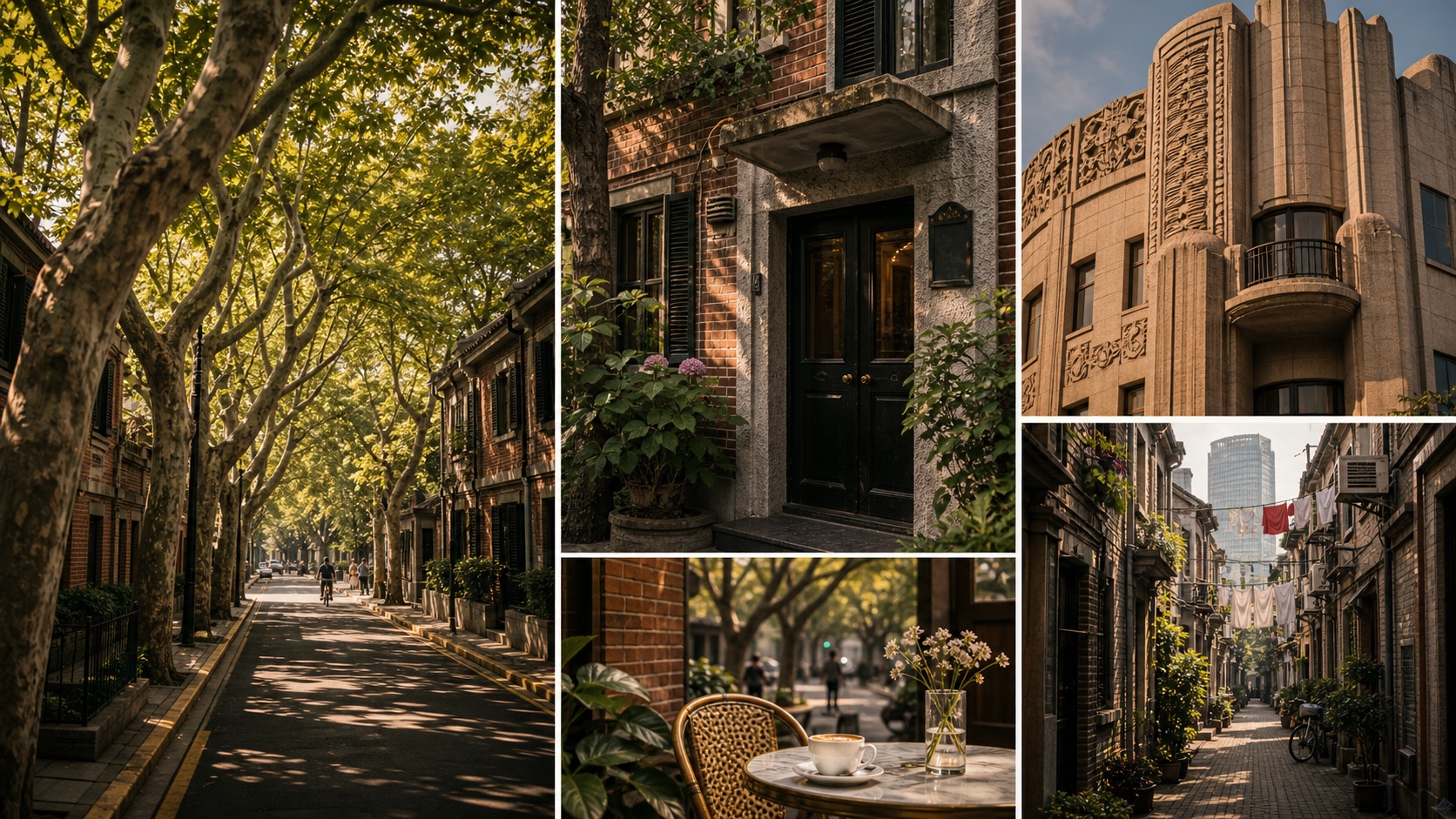 Shanghai French Concession street with plane trees, lane houses, cafes, and Art Deco details