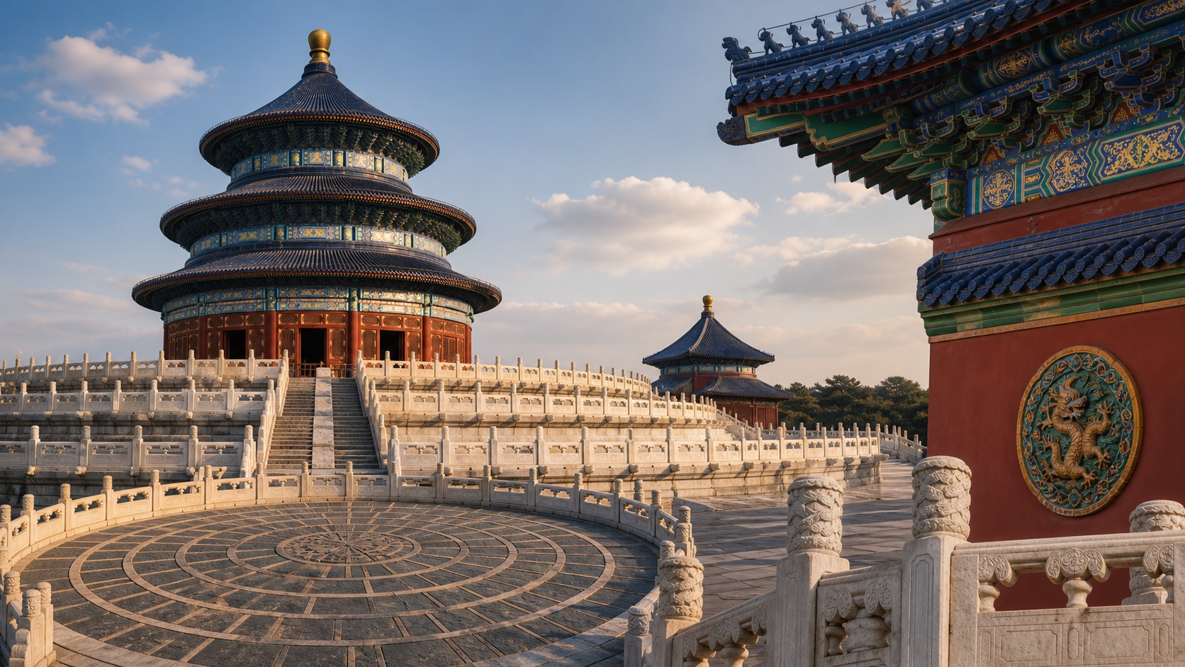 Temple of Heaven blue roof, red walls, and circular terrace geometry