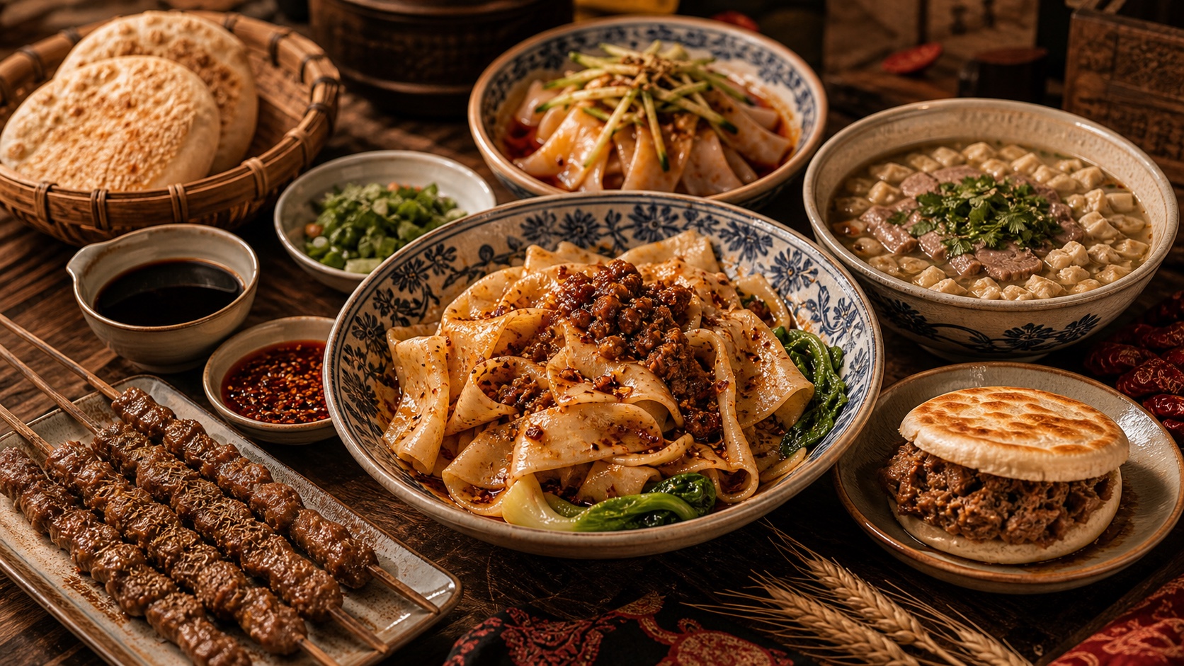Xi'an food table with biangbiang noodles, roujiamo, liangpi, paomo, cumin lamb, chili oil, and vinegar