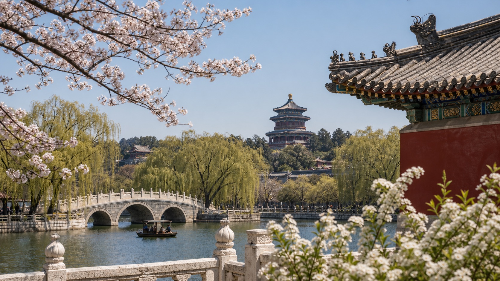 Beijing spring with temple eaves, flowering branches, willow trees, water, and pale blue sky