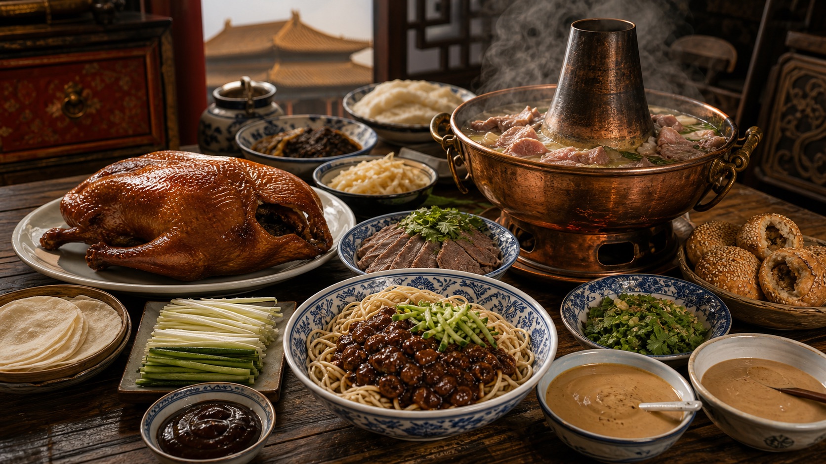 Beijing cuisine table with roast duck, zhajiangmian, hotpot, sesame sauce, wheat noodles, and scallions