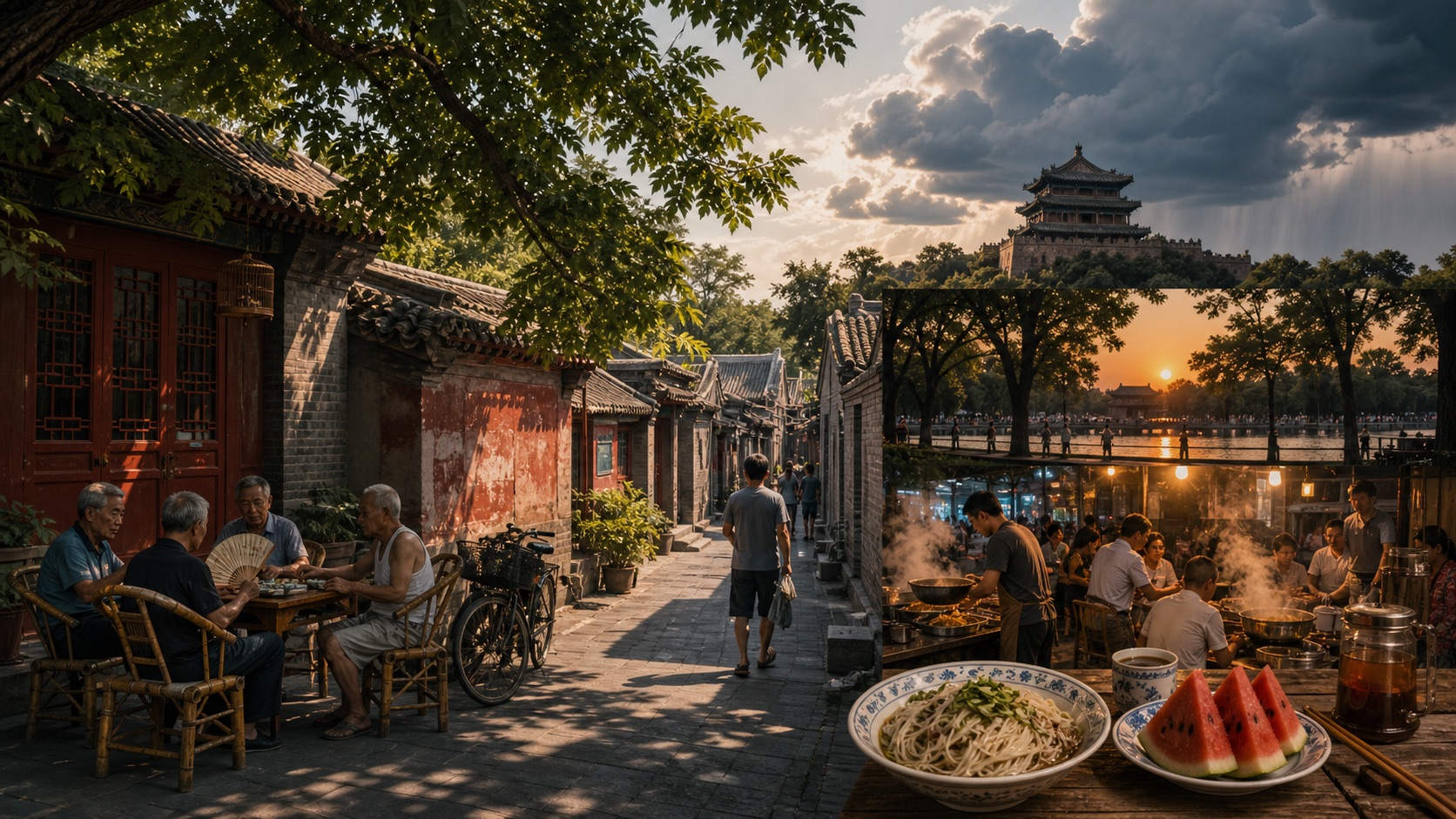 Beijing summer hutong shade, courtyard walls, old trees, evening streets, and seasonal food details