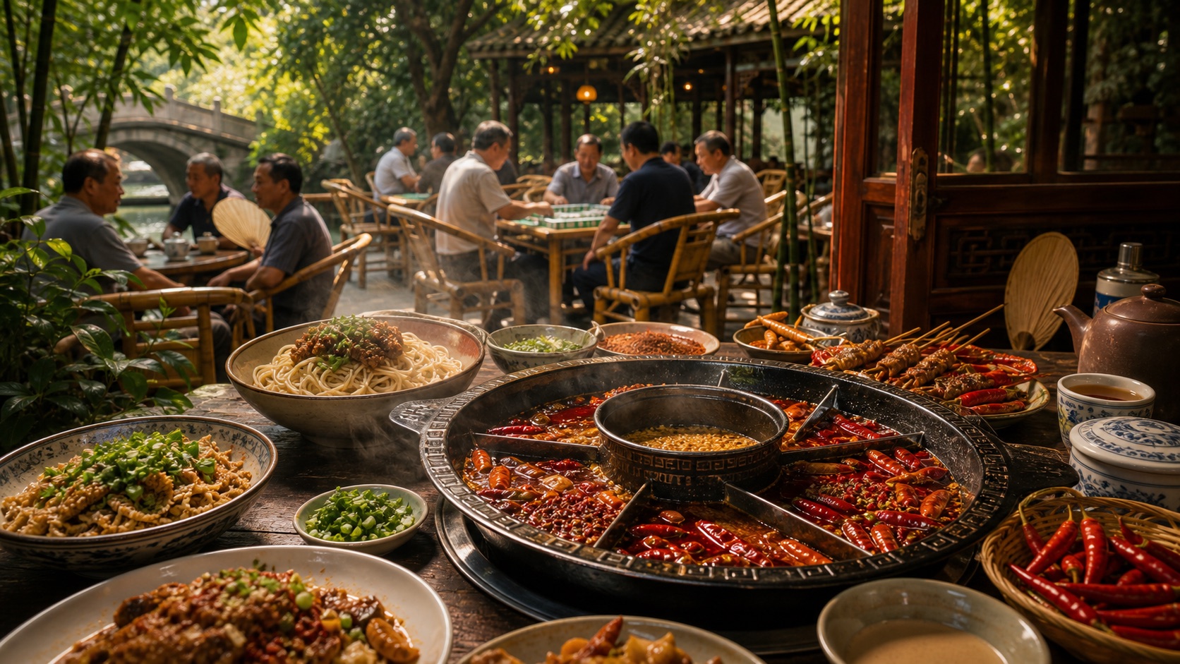 Chengdu hotpot and Sichuan dishes beside a shaded teahouse scene