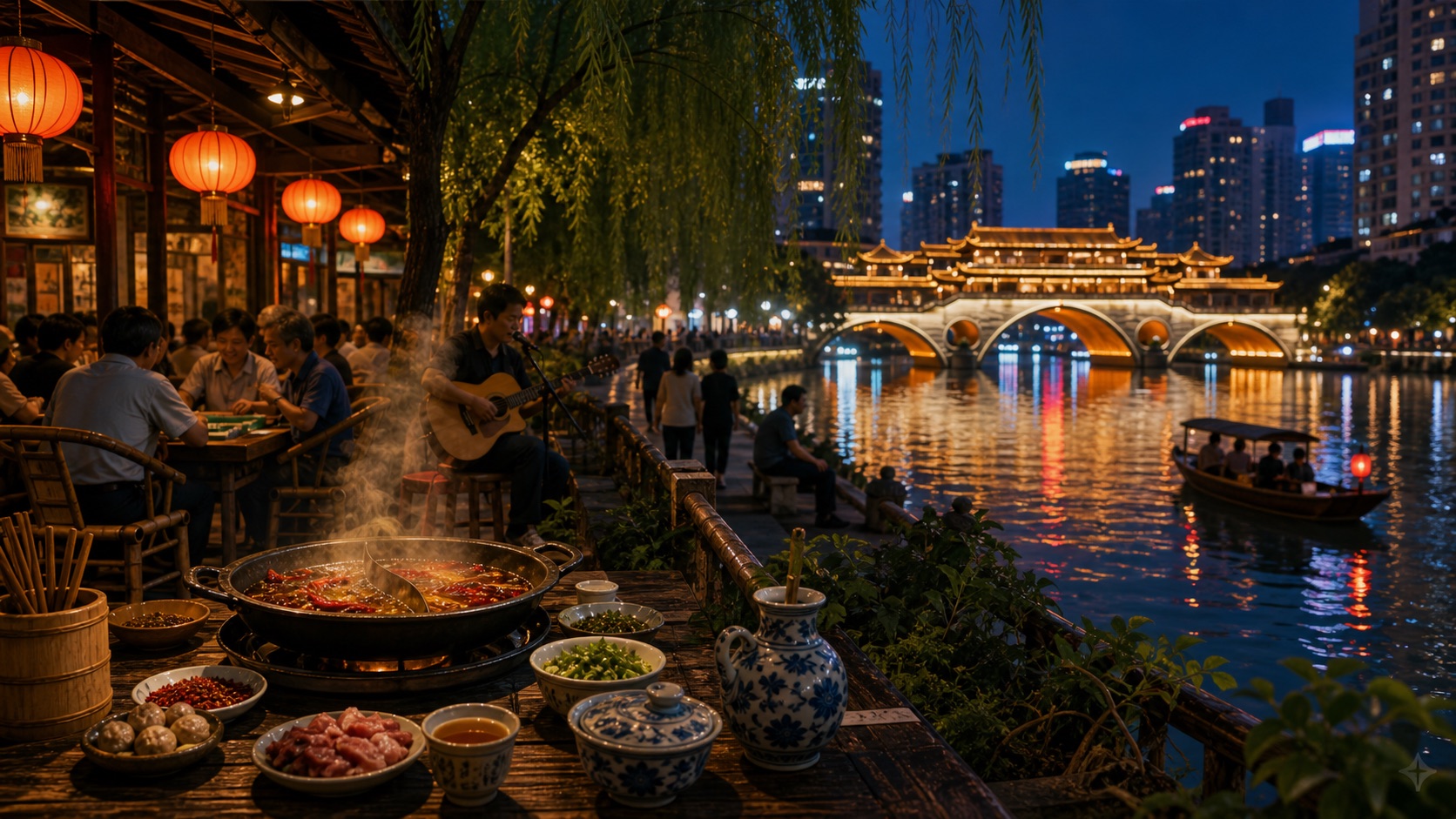 Chengdu night river lights, bridge reflections, hotpot steam, and tea-house glow