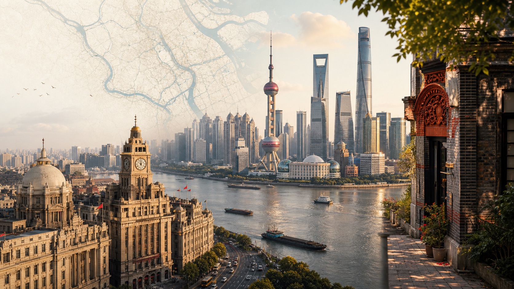 Shanghai skyline, Bund facades, Huangpu River, and shikumen lane textures in one city collage