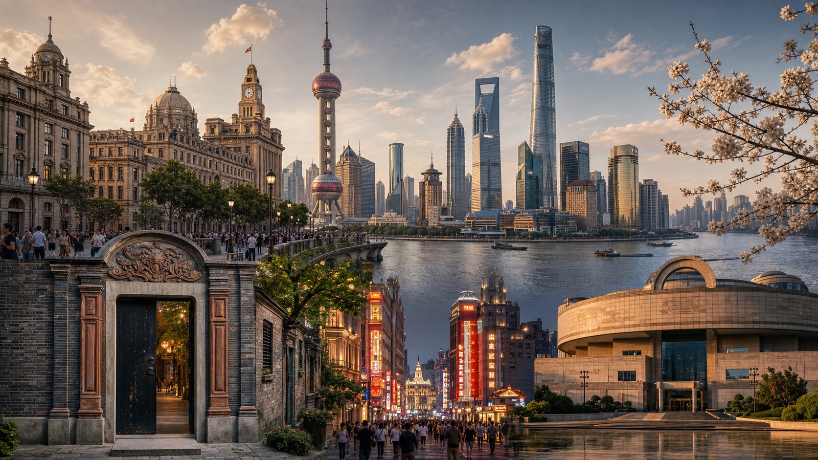Shanghai landmarks including the Bund, Oriental Pearl Tower, shikumen doorway, museums, and Pudong skyline