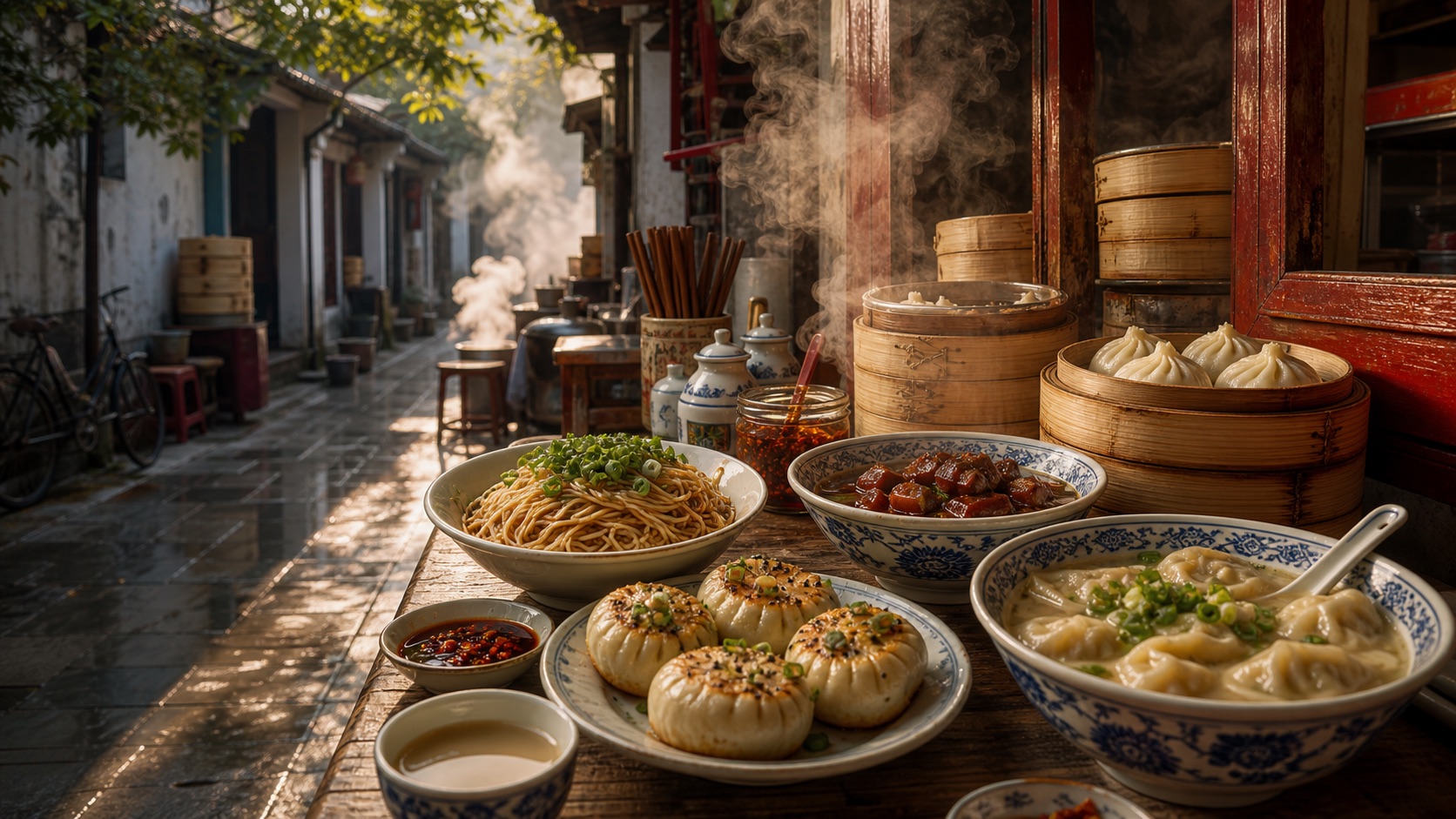 Shanghai lane-side food counter with soup dumplings, pan-fried buns, scallion oil noodles, and wontons