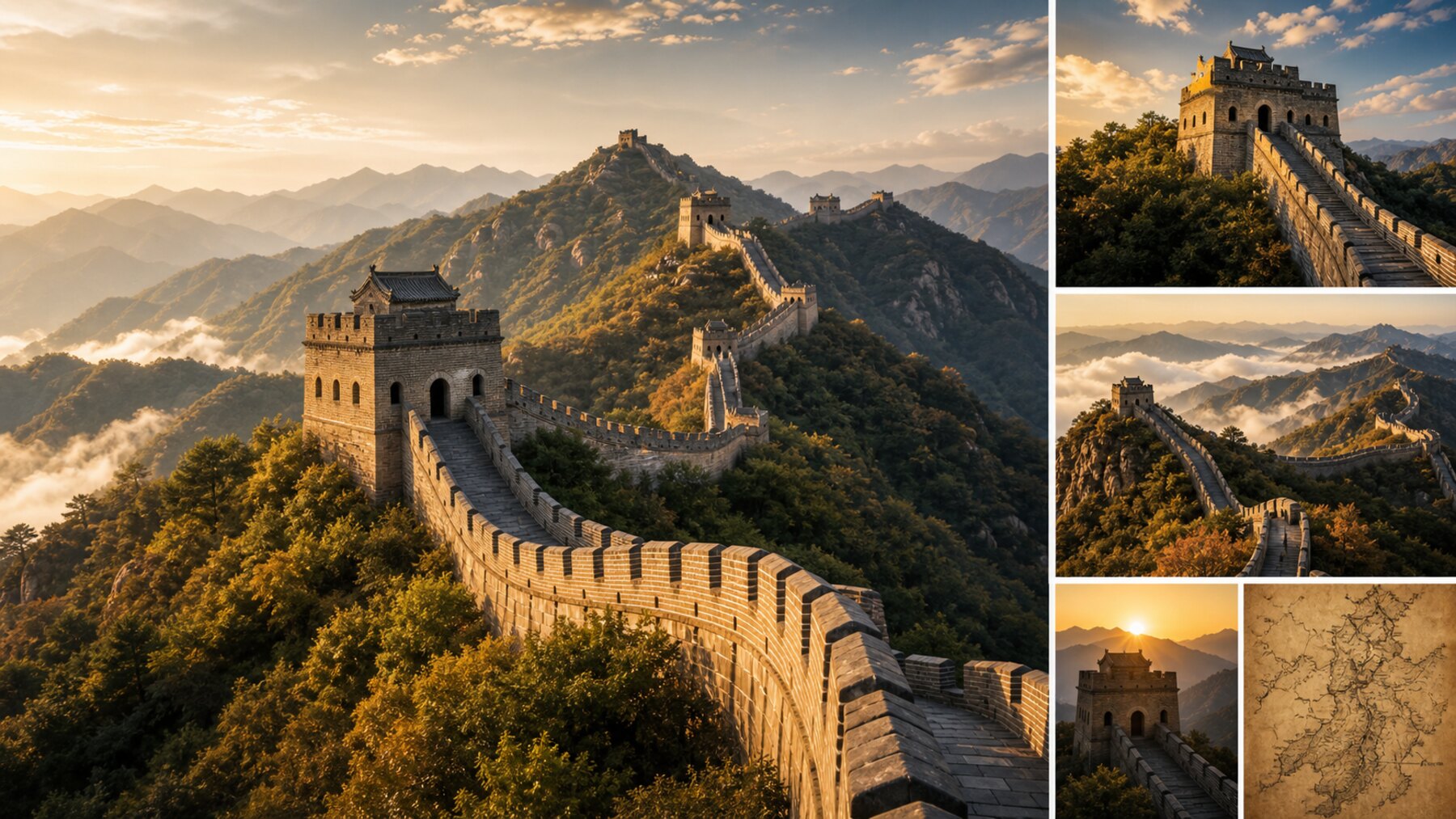 Badaling Great Wall watchtowers crossing mountain ridges with morning light and old map texture
