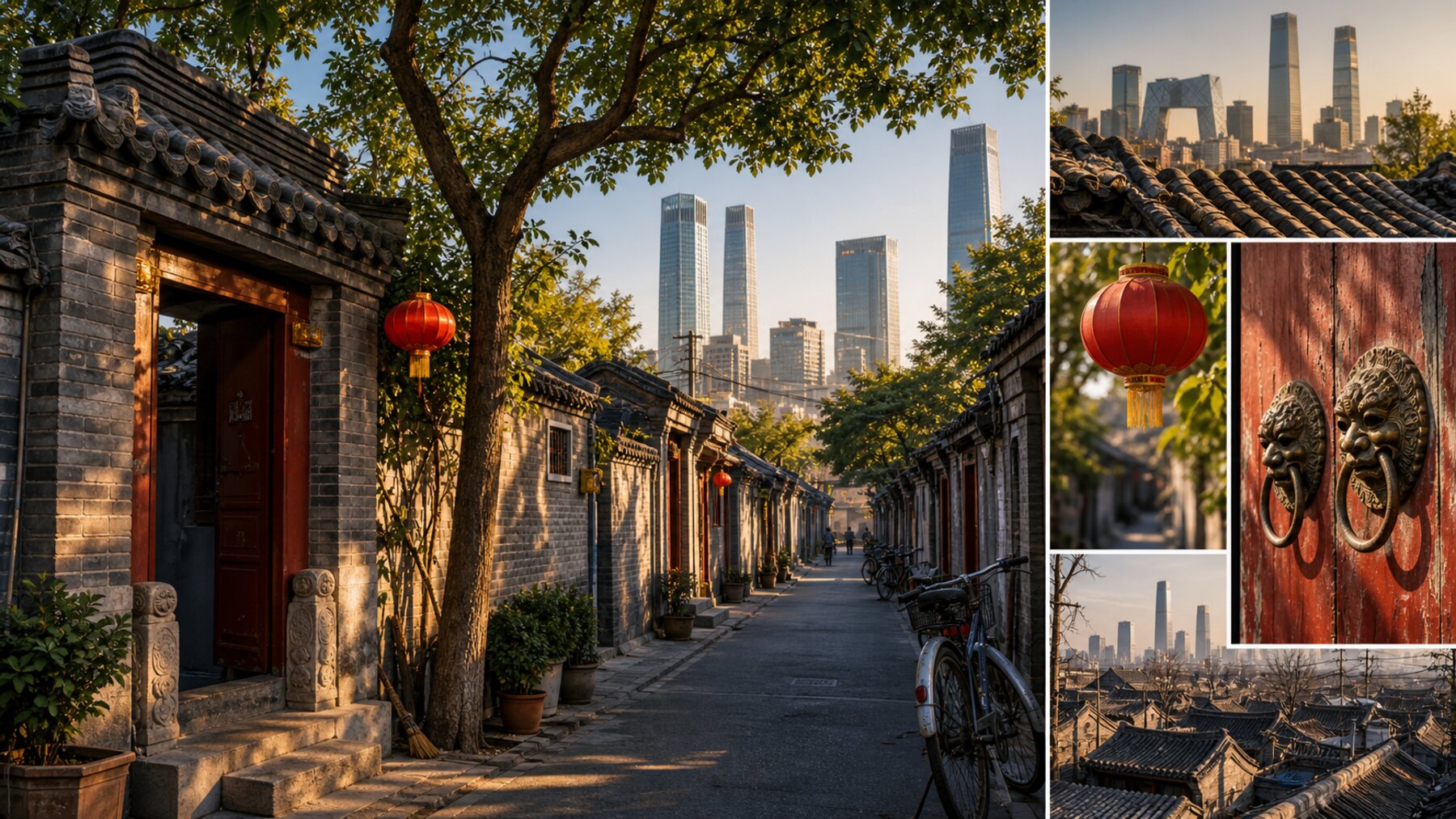 Beijing hutong lane with gray brick courtyard gate, old trees, red lantern, bicycle, and distant modern skyline