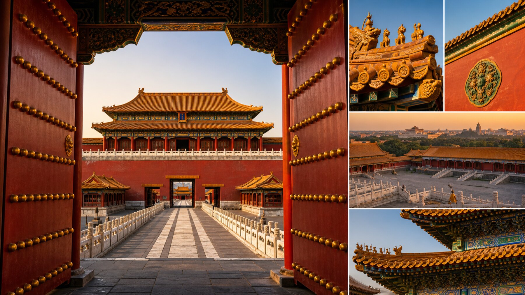 Forbidden City palace gate, red walls, yellow glazed roofs, stone courtyard axis, and roof details