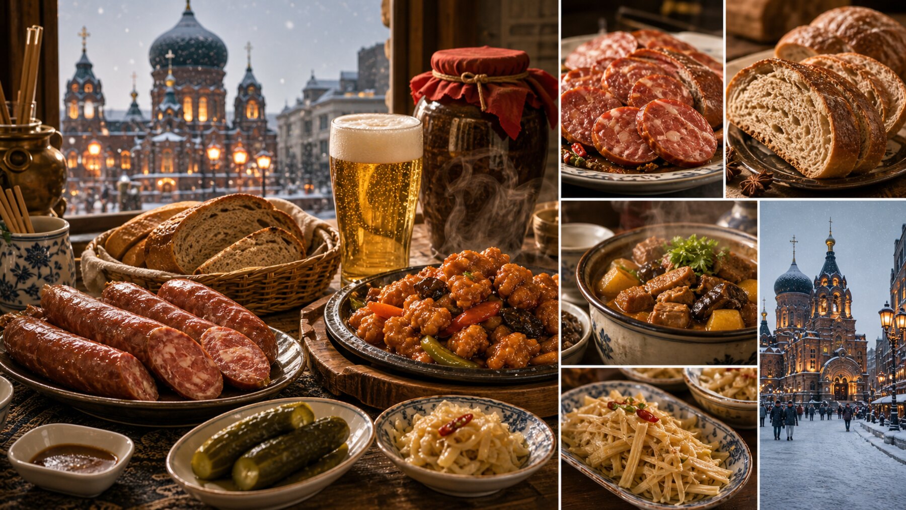 Harbin table with red sausage, dalieba bread, guobaorou, stew, pickles, beer, snow, and Russian-influenced facades