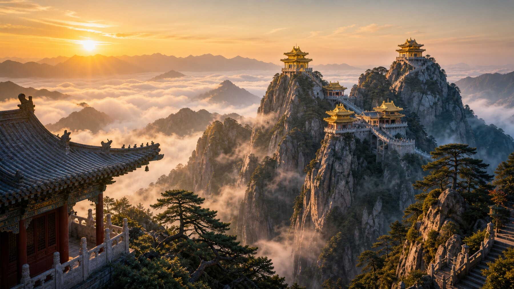 Laojun Mountain with misty ridges, golden summit halls, Daoist rooflines, pine silhouettes, cloud sea, and sunrise