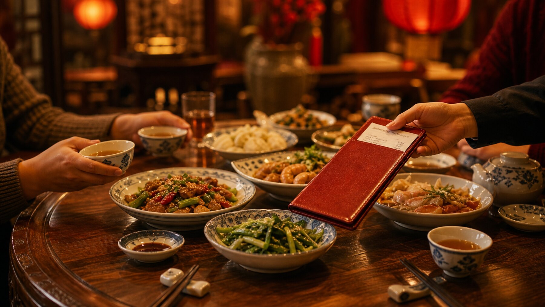 Chinese shared meal table with tea cups, plates, chopsticks, warm lantern light, and a red bill folder