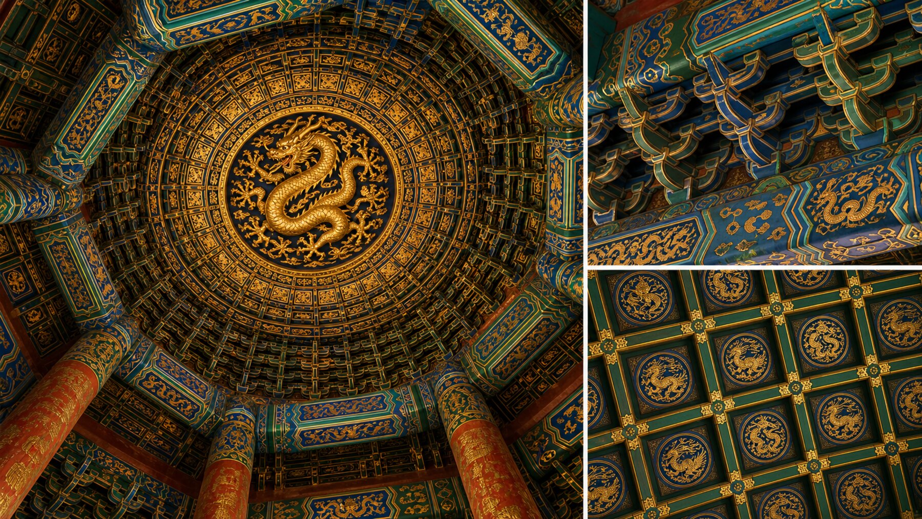 Chinese palace caisson ceiling with dragon medallion, painted beams, bracket sets, clouds, and geometric timber patterns