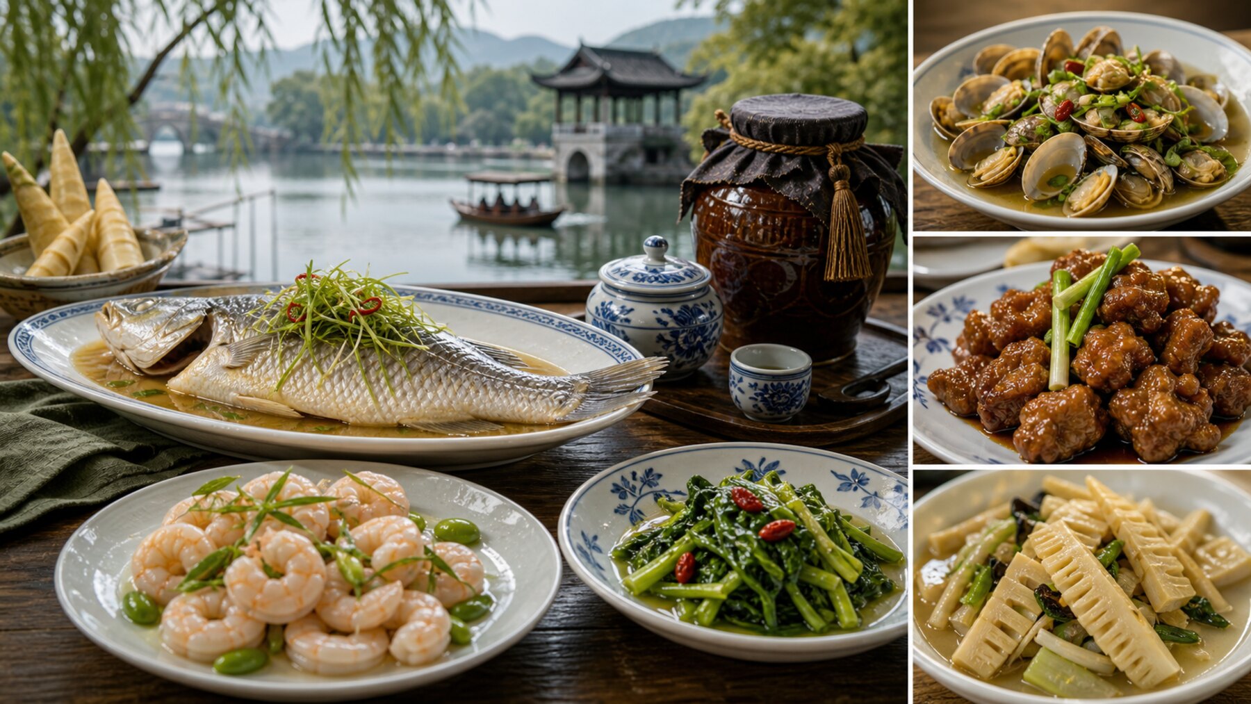 Zhejiang table with West Lake fish, Longjing shrimp, Ningbo seafood, Shaoxing wine, bamboo shoots, and Jiangnan water scenery