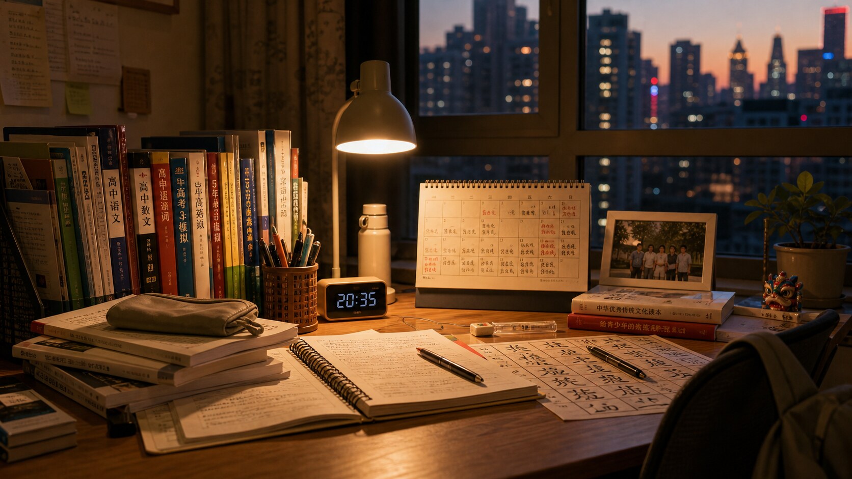 Warm Beijing apartment study desk with textbooks, exercise books, lamp, calendar, and evening city lights