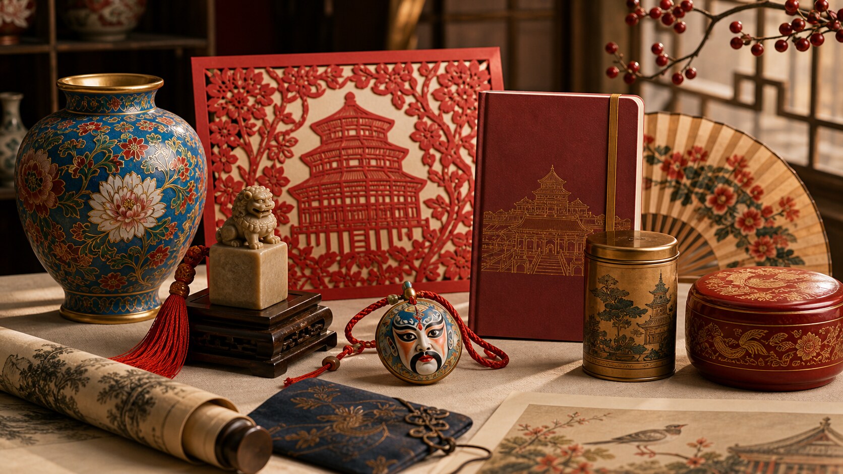 Beijing cultural objects including cloisonne vase, paper cutting, seal, tea tin, lacquer box, and opera motif