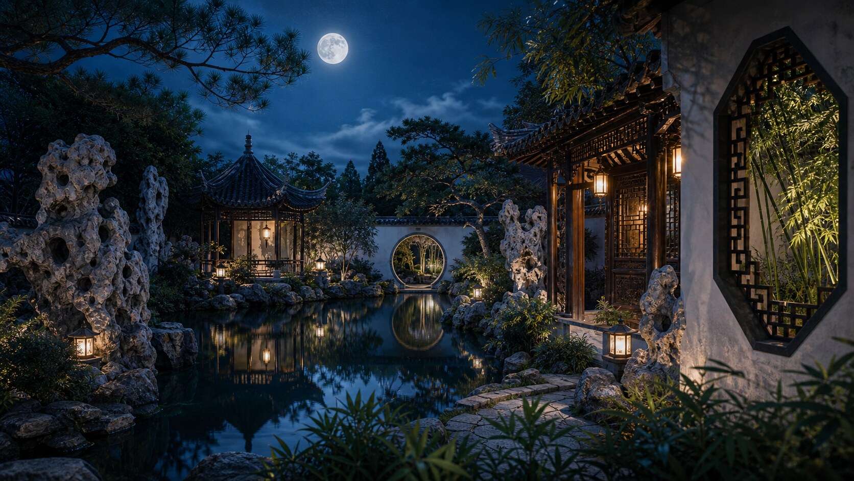 Classical Chinese garden at night with moon gate, pavilion, water reflection, Taihu rocks, and framed window
