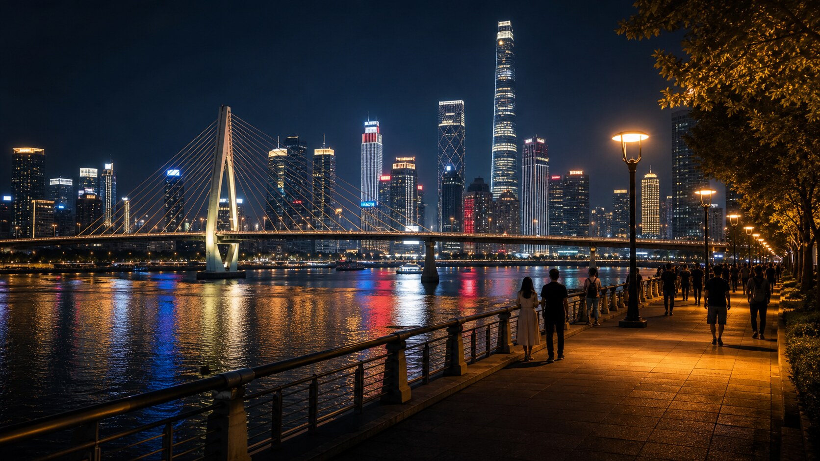 Modern Chinese riverfront skyline at night with bridge lights, reflections, promenade silhouettes, and warm street lamps