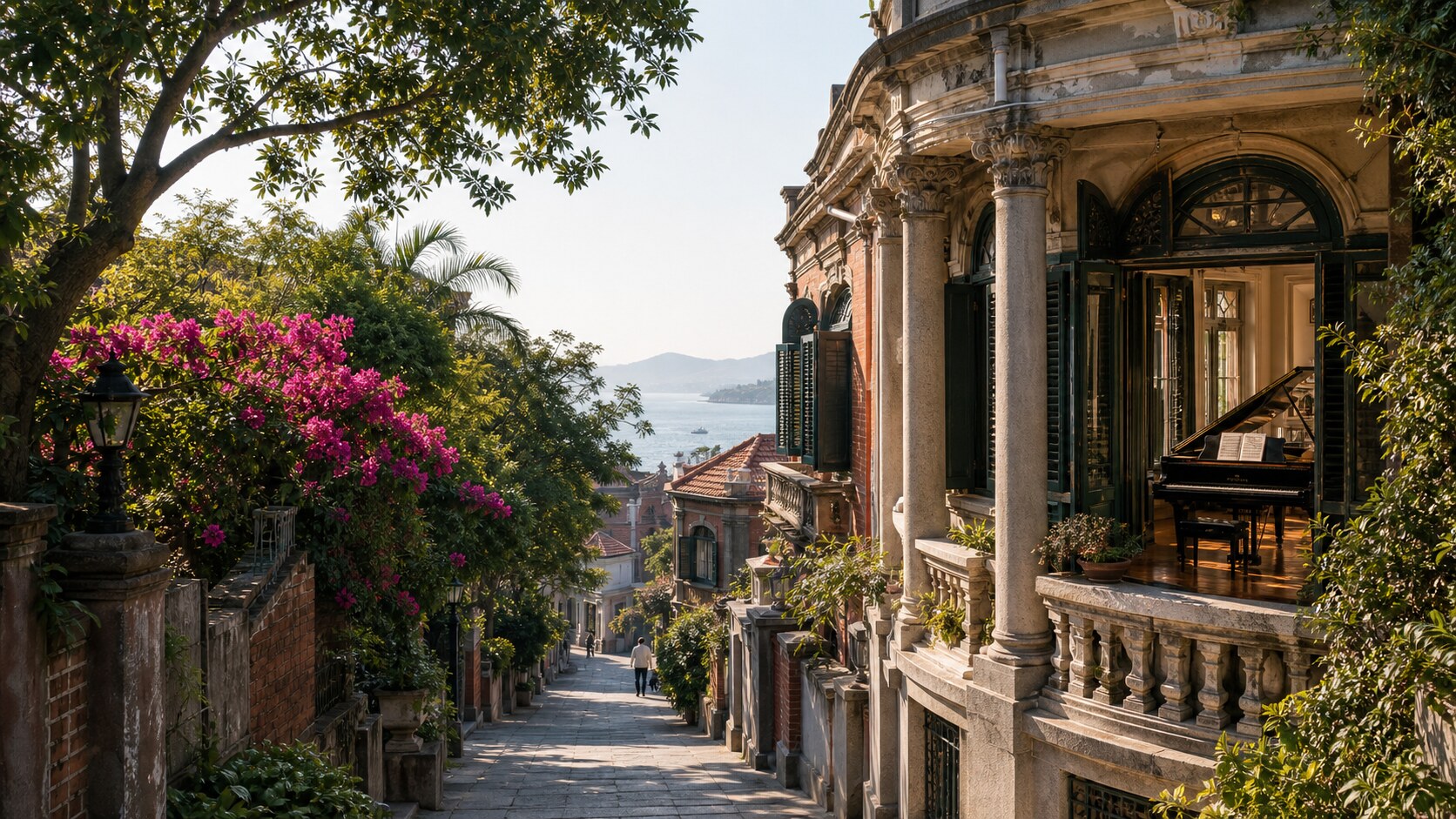 Gulangyu island lane with historic villa, bougainvillea, sea light, garden wall, and piano detail