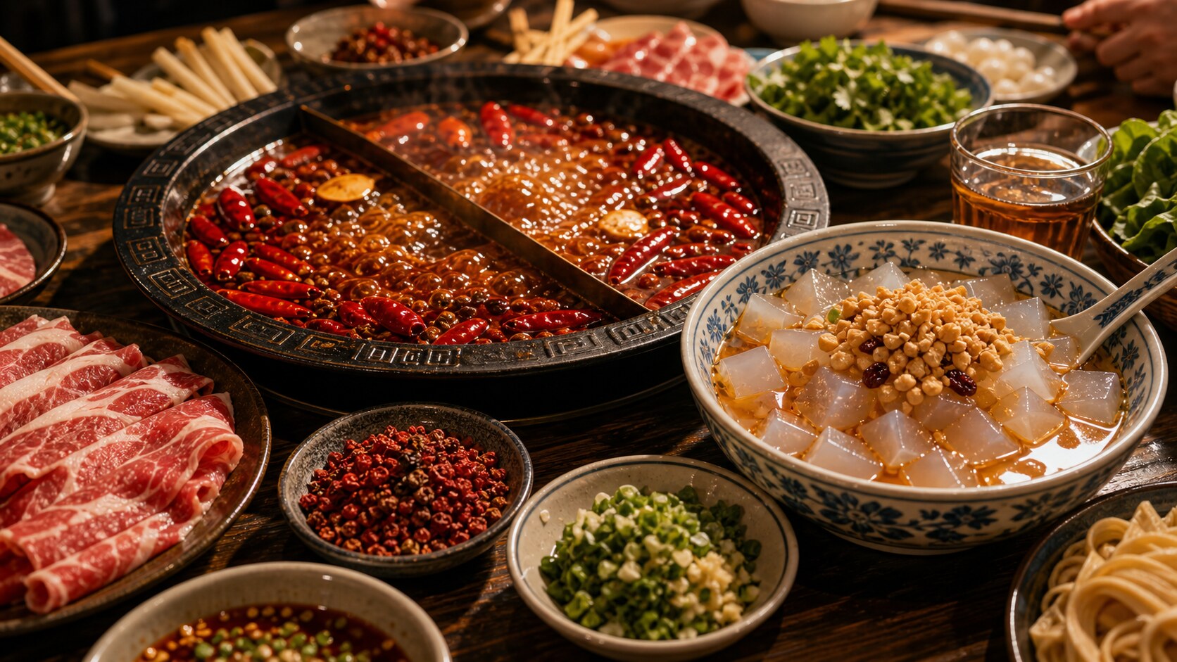 Sichuan hotpot table with red chili broth, beef slices, peppercorns, dipping bowls, and translucent ice jelly dessert