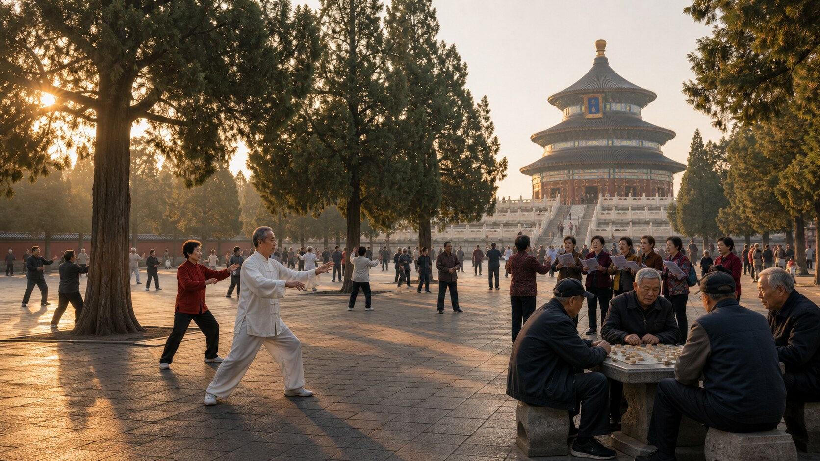 Morning Temple of Heaven park with cypress trees, tai chi, singing groups, chess players, and distant Hall of Prayer for Good Harvests