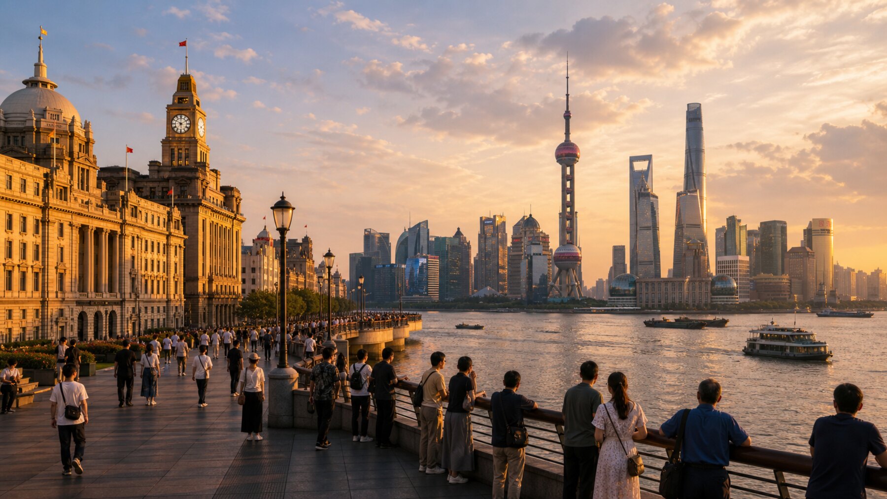 Shanghai Bund river promenade with people looking across the Huangpu River toward the skyline at golden hour