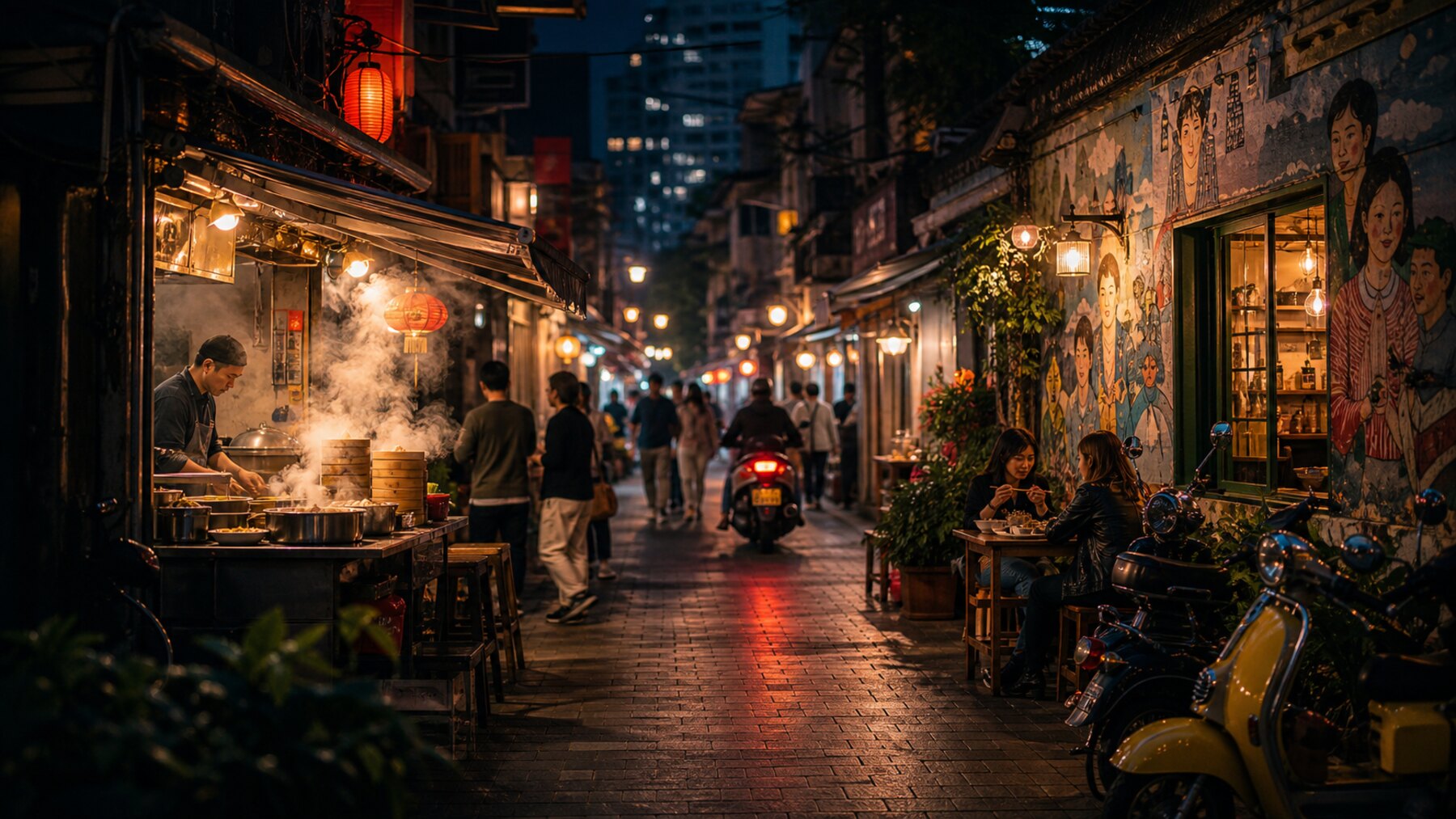 Chinese night alley with food stall steam, warm shopfronts, scooters, mural wall, lamps, and pedestrians