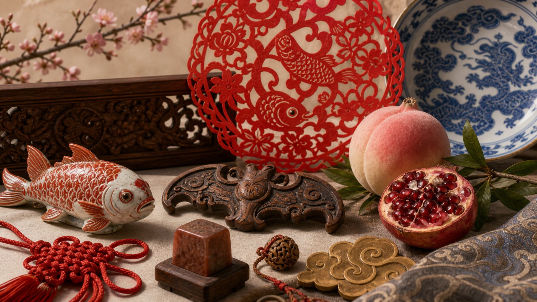 Chinese auspicious motif still life with paper cut, peach, pomegranate, fish, cloud porcelain, carved wood, and seal stone