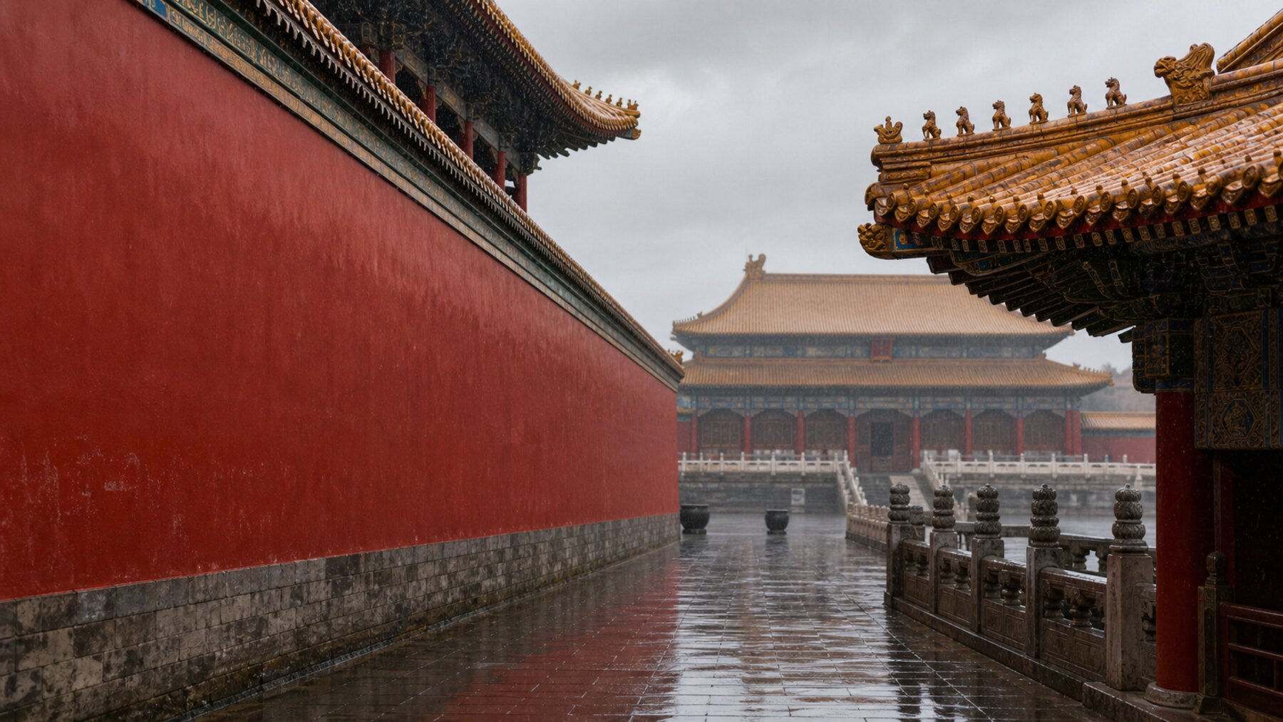 Rainy Forbidden City corridor with red wall, yellow roof eaves, wet stone pavement, and quiet courtyard depth