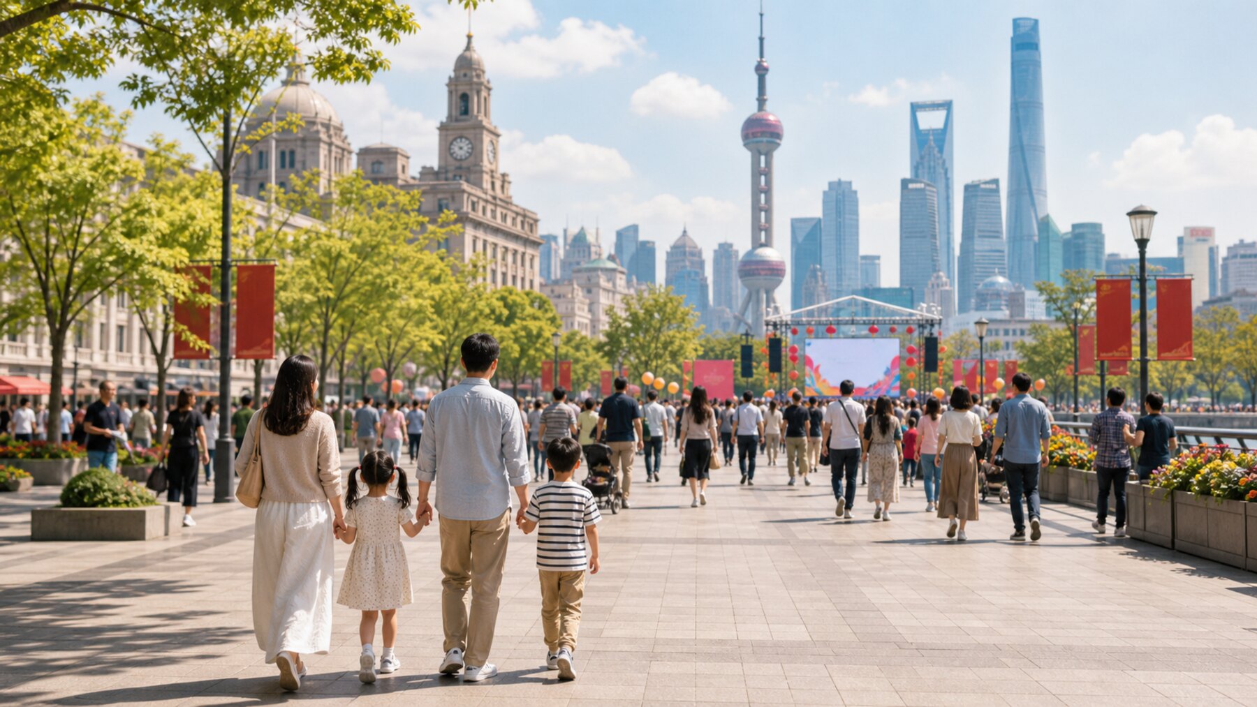 Shanghai public holiday scene with families, trees, pedestrian space, skyline, civic banners, and relaxed crowd flow