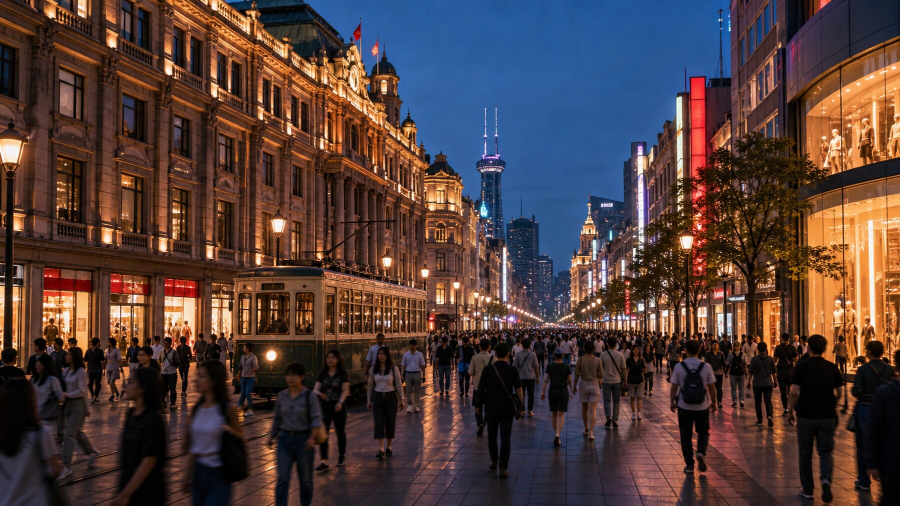 Shanghai Nanjing Road pedestrian street at blue hour with historic facade, modern storefront glow, streetlights, and crowd flow