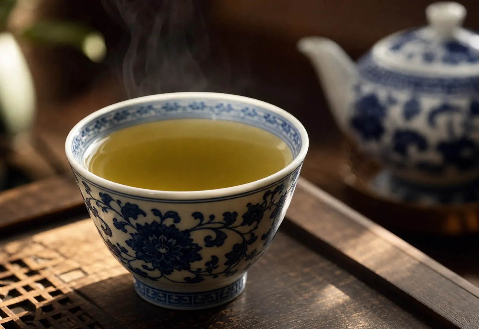 Chinese tea in a blue and white porcelain cup