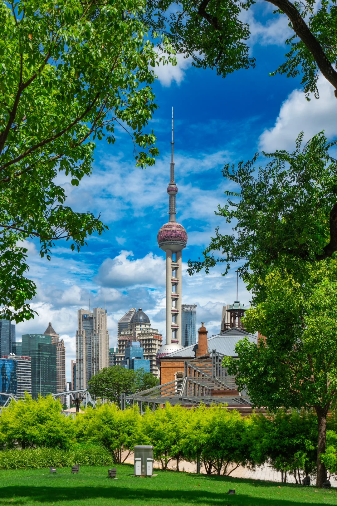 Clear blue summer sky over Shanghai skyline