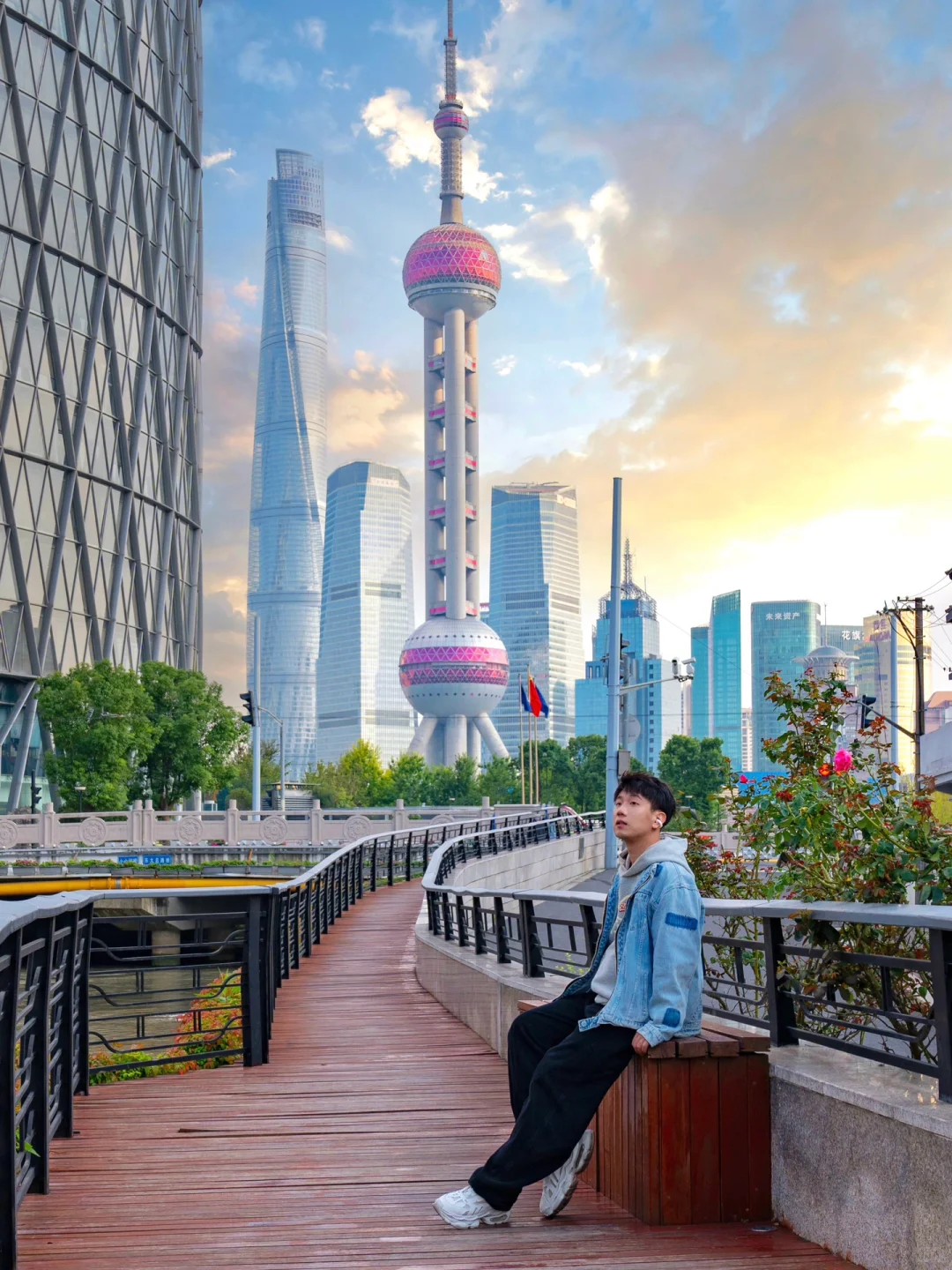 Sunlight casting golden glow over the Bund skyline in Shanghai