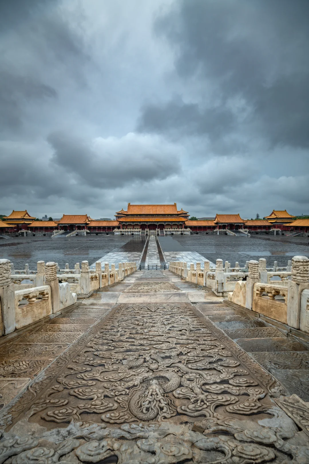 Early morning misty Forbidden City gate in rain