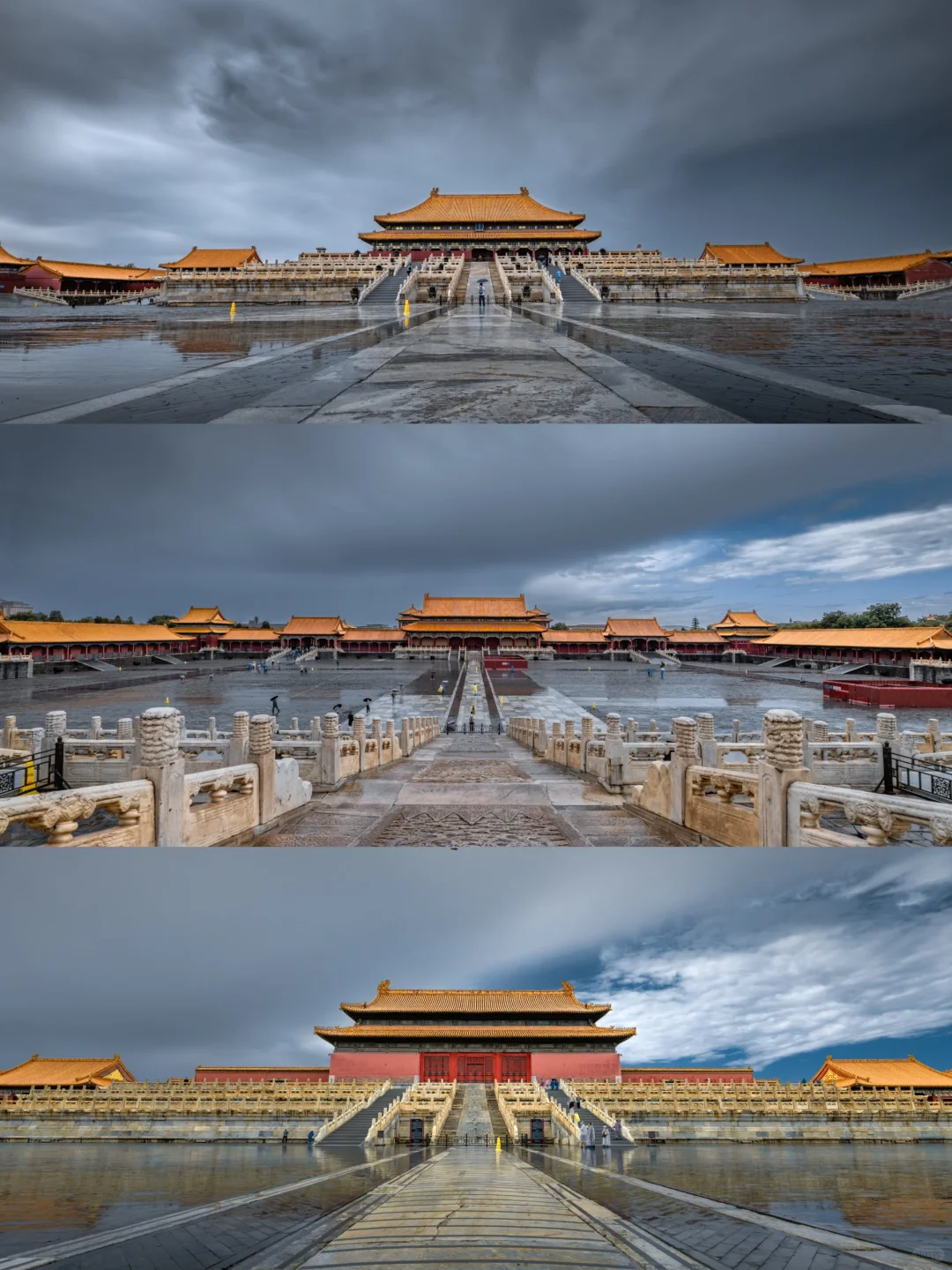 Rain falling on ancient palace rooftops
