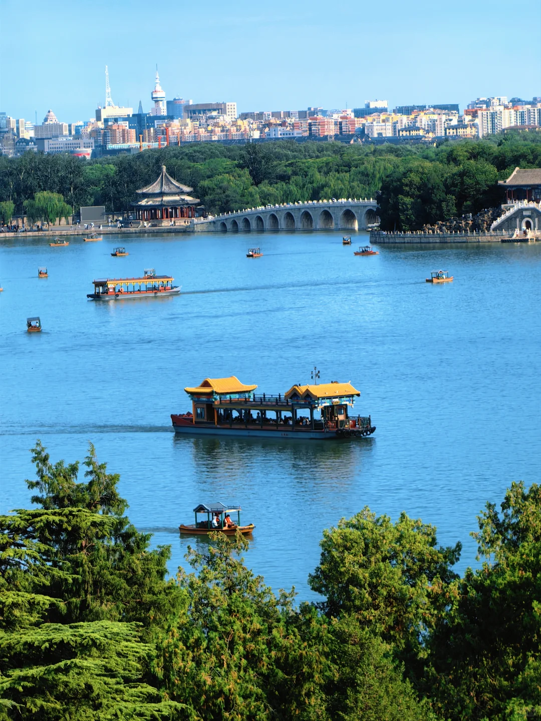 Electric boat floating on a calm lake