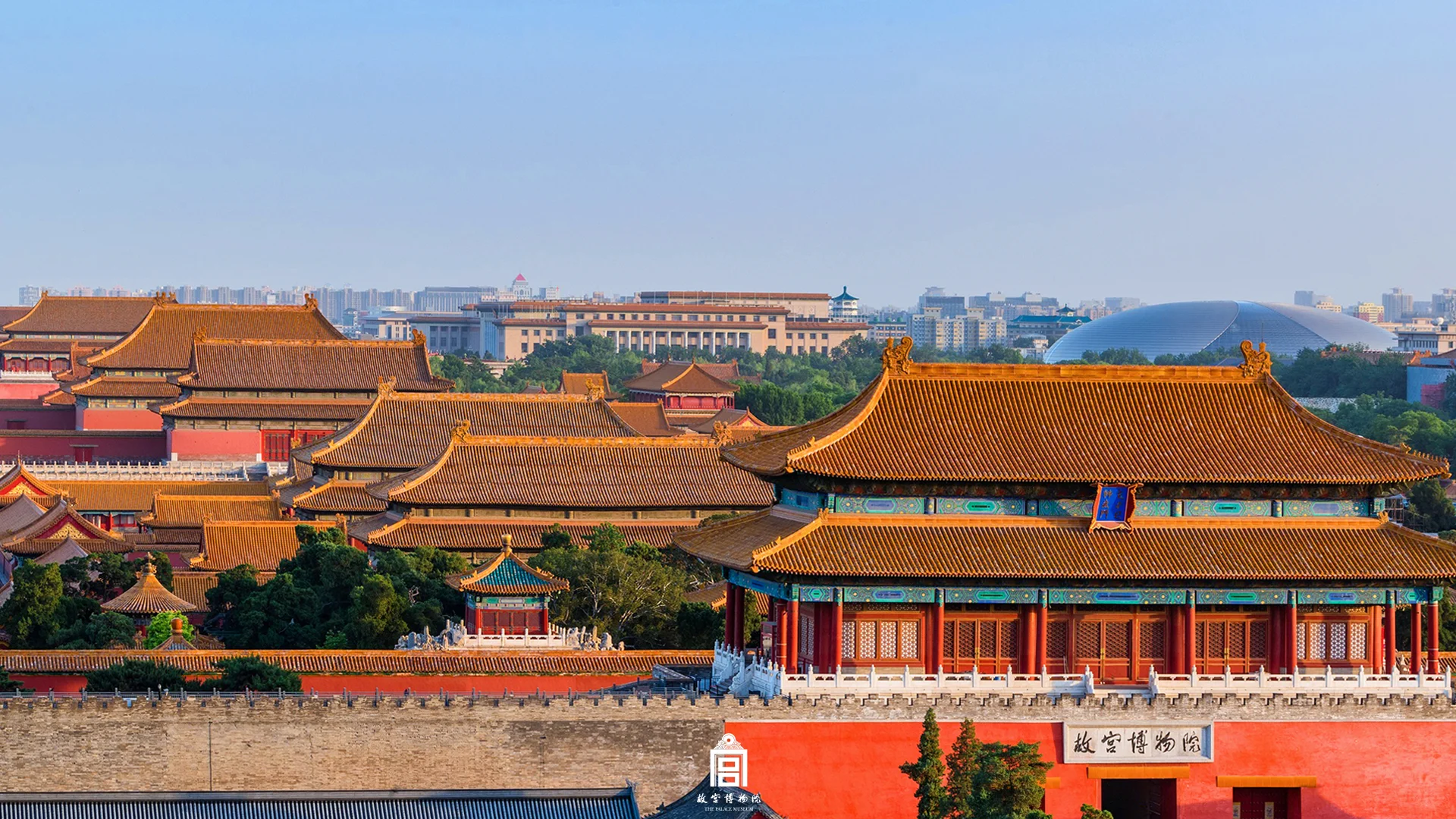 Sunset view of the palace's main hall illuminated in golden light