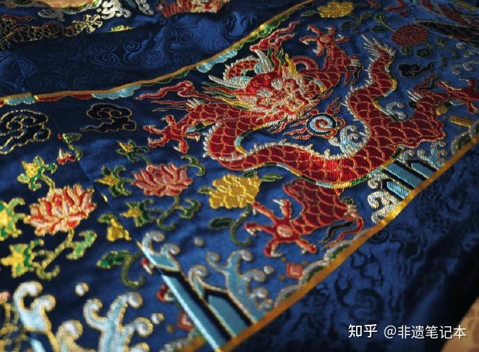 Close detail of Nanjing Yunjin brocade with dragon, floral, and gold-thread motifs