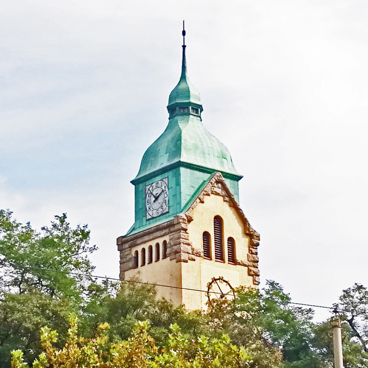 Qingdao old town church tower rising above trees under a pale sky