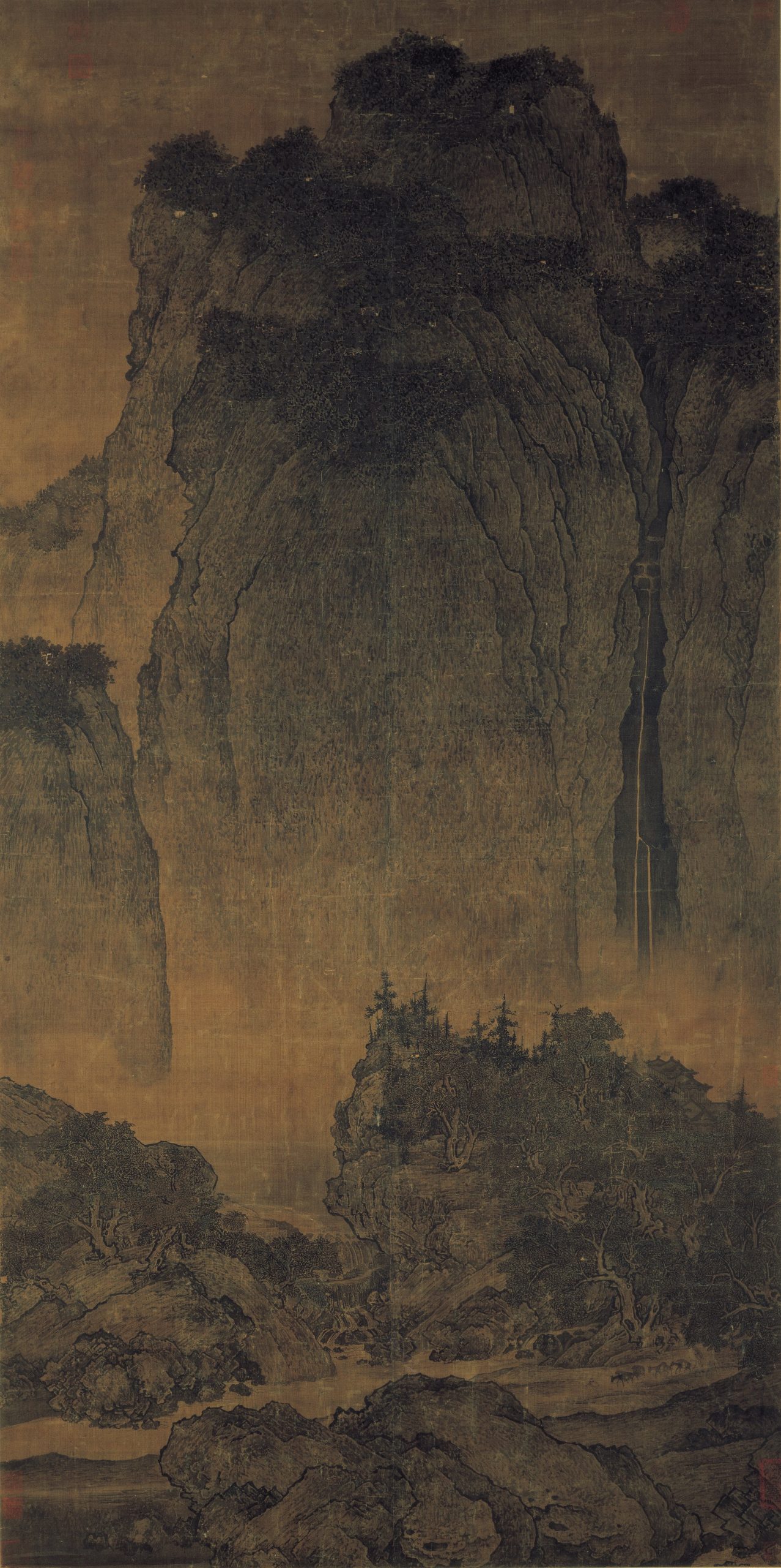 Fan Kuan's Northern Song landscape painting Travelers Among Mountains and Streams, ink and light color on silk