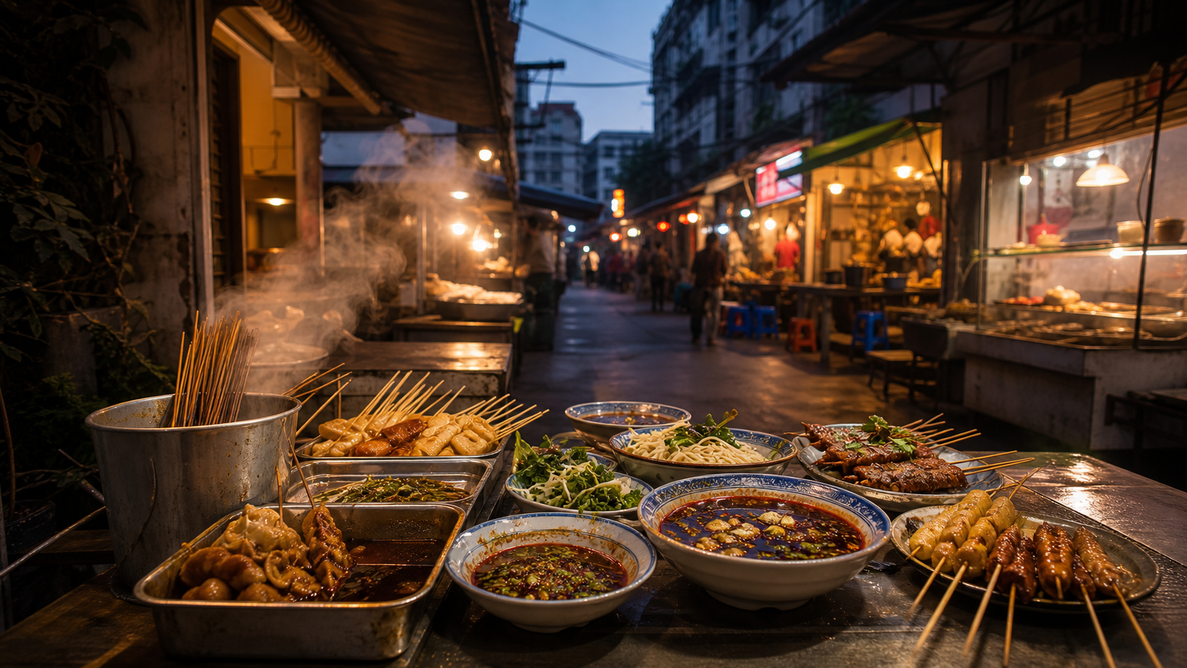 Chengdu neighborhood food street at dusk with skewers, noodles, steam, and chili oil