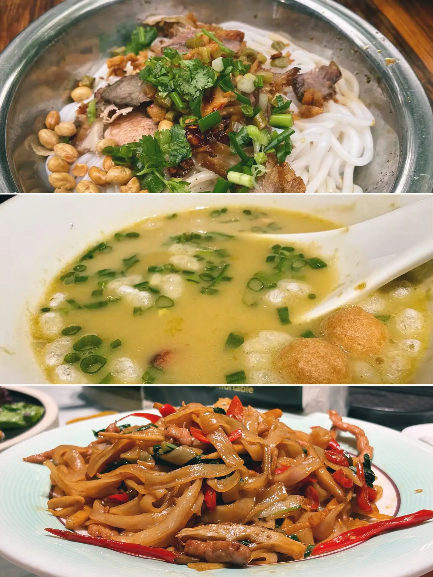 A collage of Guilin rice noodles and local dishes in bowls