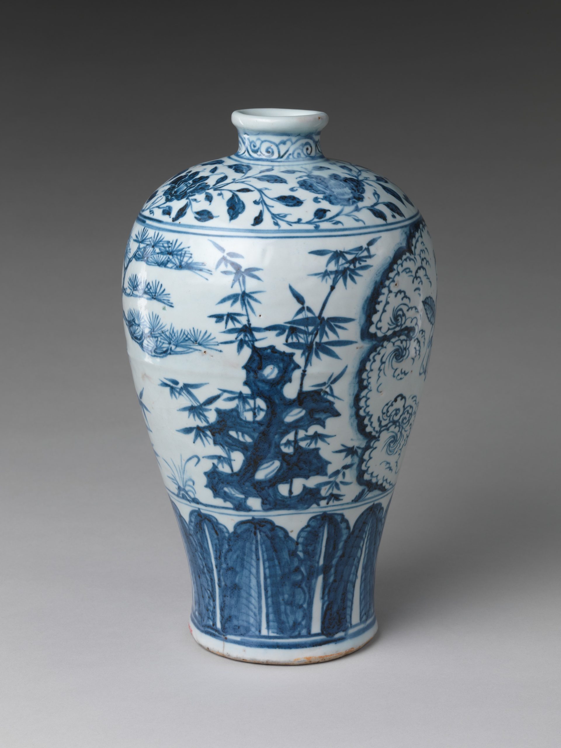 Ming-dynasty blue-and-white Chinese porcelain meiping vase decorated with pine, bamboo and rock