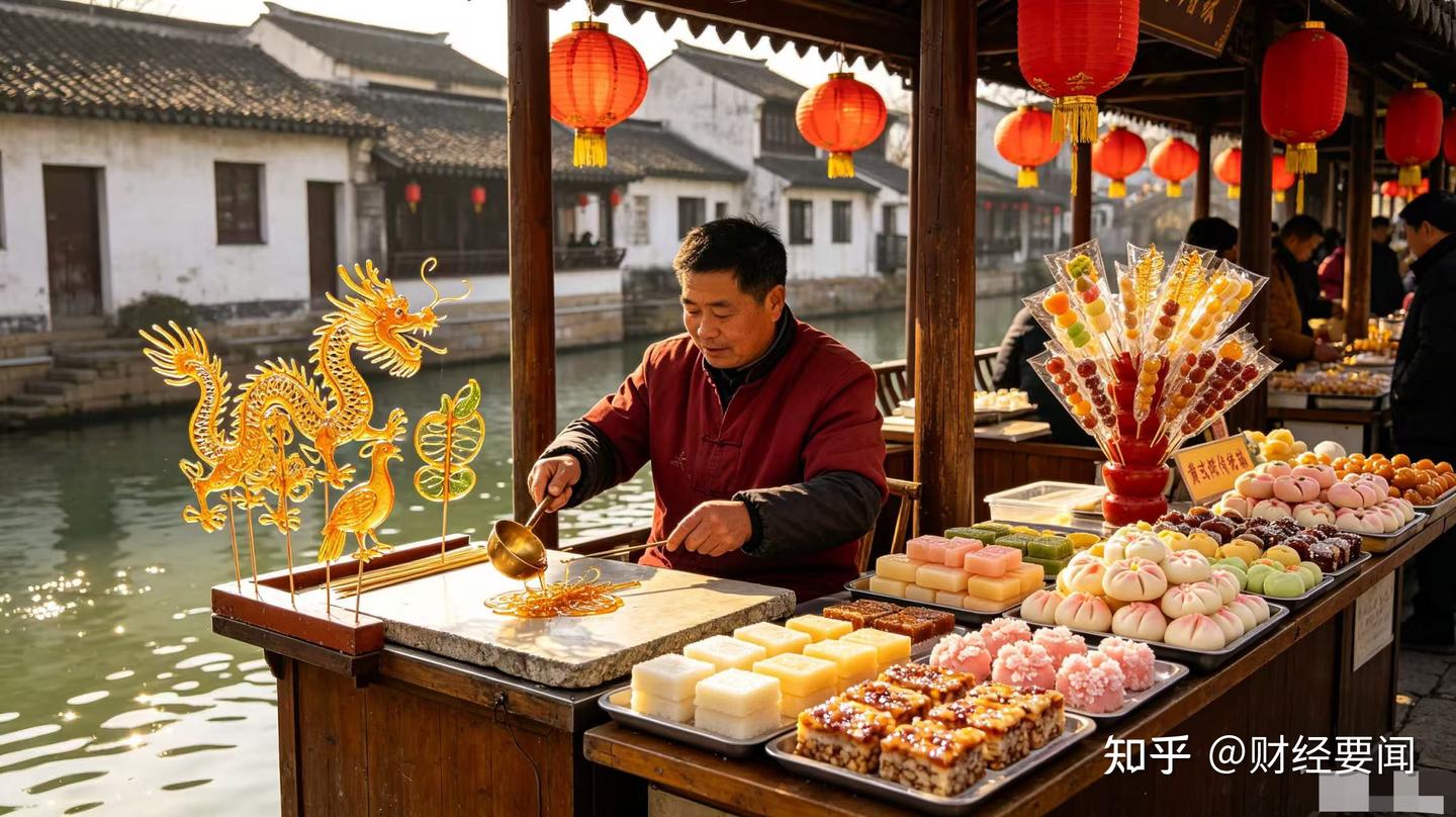 A Suzhou water-market style craft and food scene by a canal