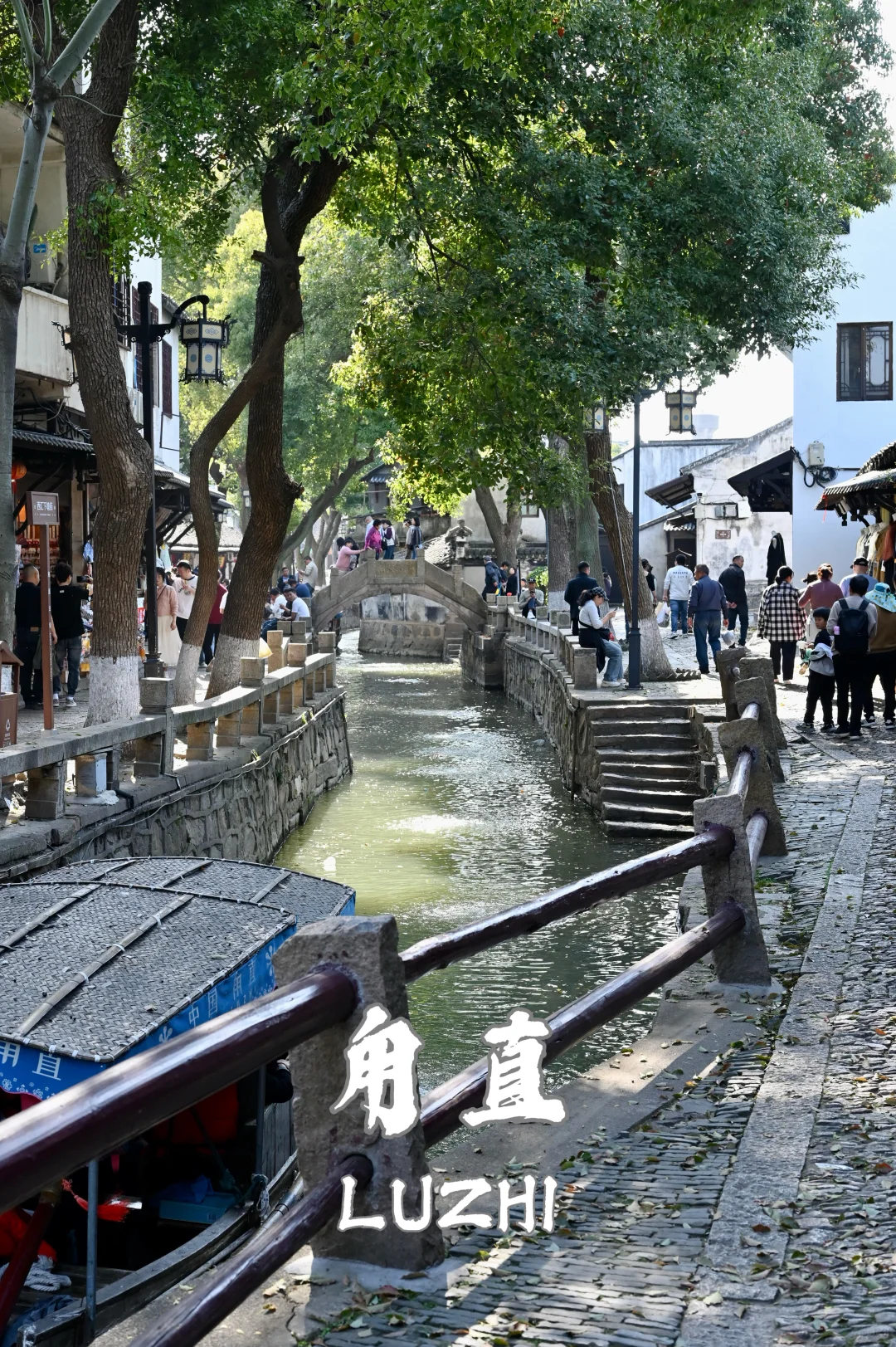 Luzhi canal street with trees, boats, and white-walled houses